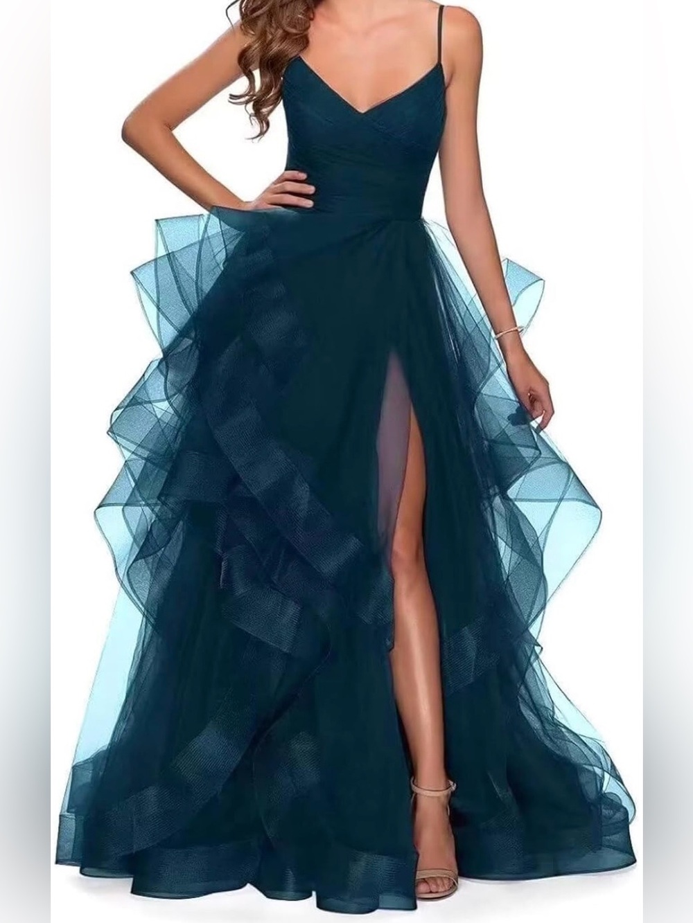 Long Sparkly Tiered Tulle Prom Evening Ball Gown A-Line w/ Slit (New Never Worn)